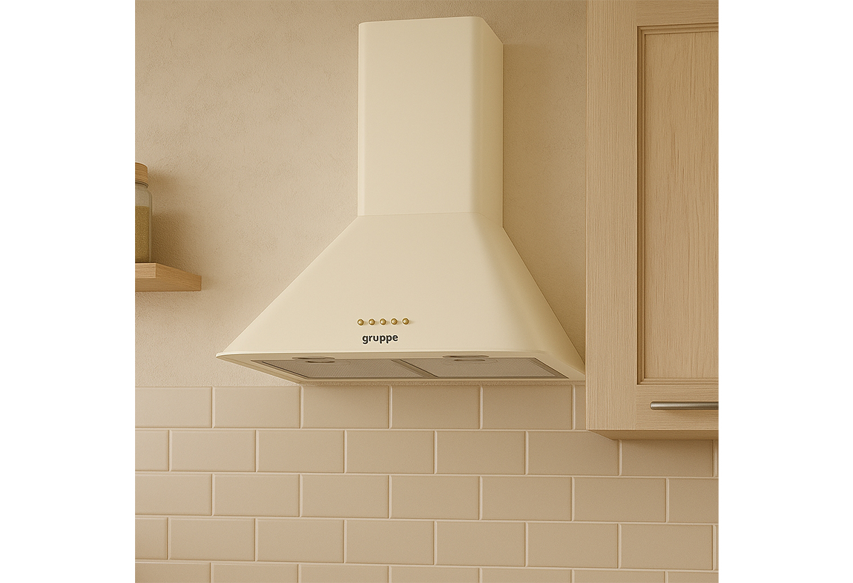 Απεικονίζεται ο απορροφητήρας εγκατεστημένος σε μια κουζίνα.